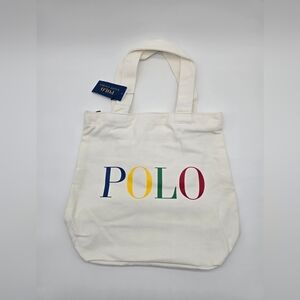 NWT Polo Ralph Lauren Small Zipper Tote Canvas Hand Carry Bag White Multi Color